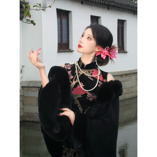黑色毛披肩旗袍外搭礼服皮草毛绒民国夜上海军阀太太围脖拍照道具
