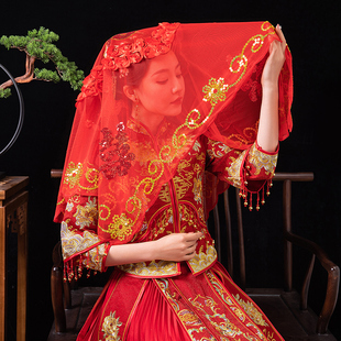 红盖头软头纱古风新娘结婚刺绣嫁衣秀禾服喜帕中式婚礼汉服蒙头巾