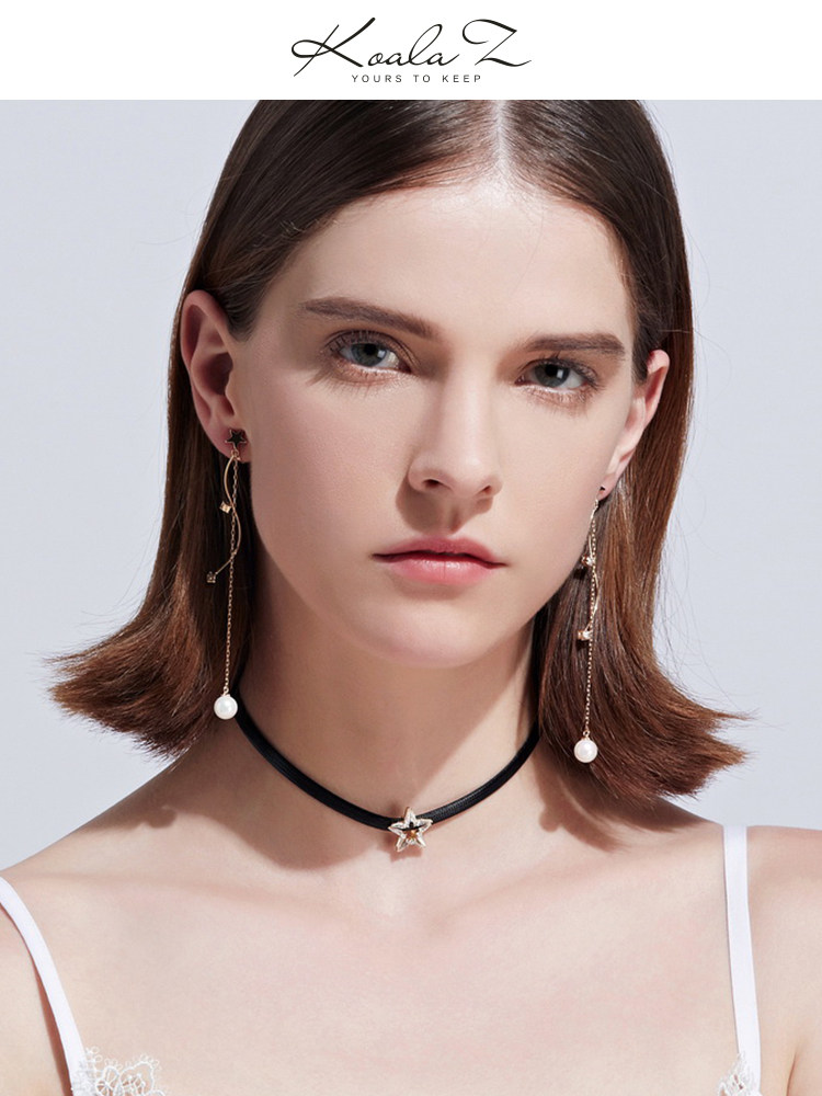 Suitable for round face cold wind long version star tassel earrings drop earrings ear clip no ear holes female Korean personality is thin