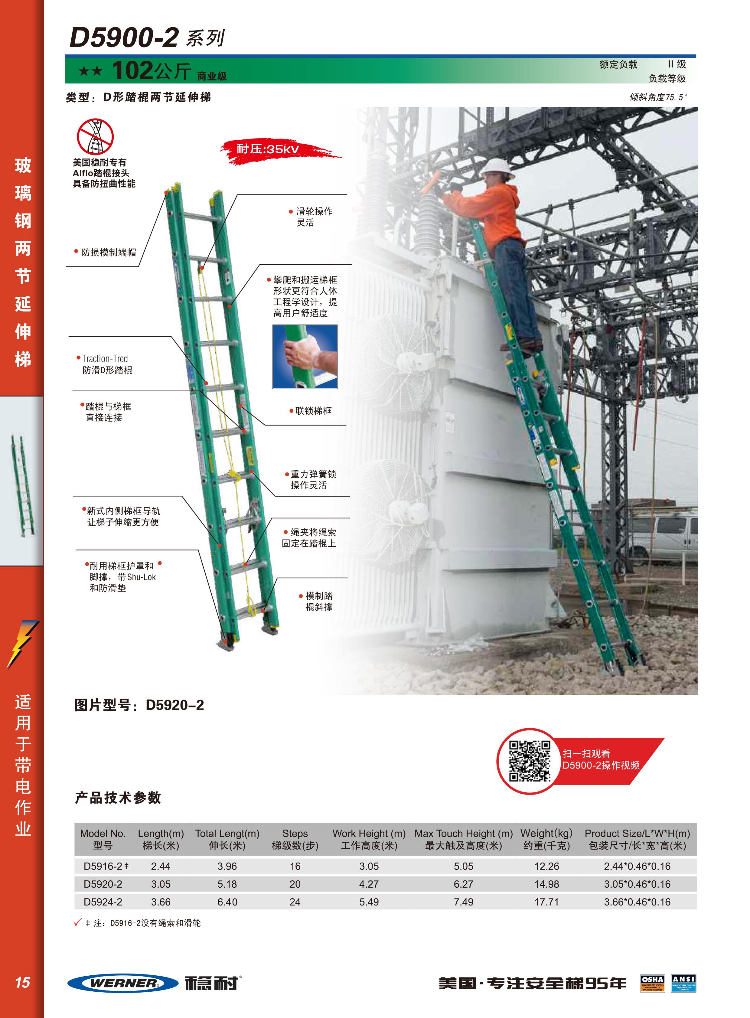 稳耐梯子玻璃钢电力工程梯绝缘梯两节延伸梯D5916-22.44米-3.96米