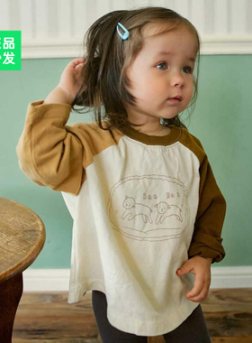 锦小和amber韩国童装女童长袖t恤纯棉25秋款儿童时尚拼接小羊上衣