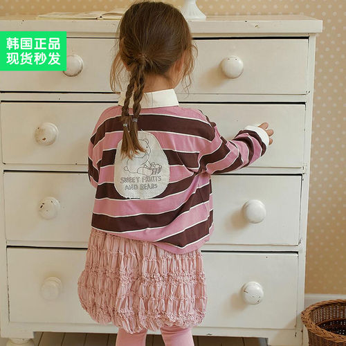 女孩粉色条纹柔软小上衣小熊贴布