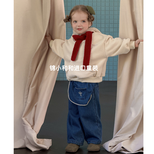 现货锦小和和韩国童装女童裤子冬外穿2025新款儿童加绒休闲牛仔裤