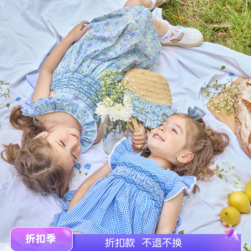 锦小和kidiwi欧美女童碎花连衣裙夏2025新款儿童小飞袖中长款裙子