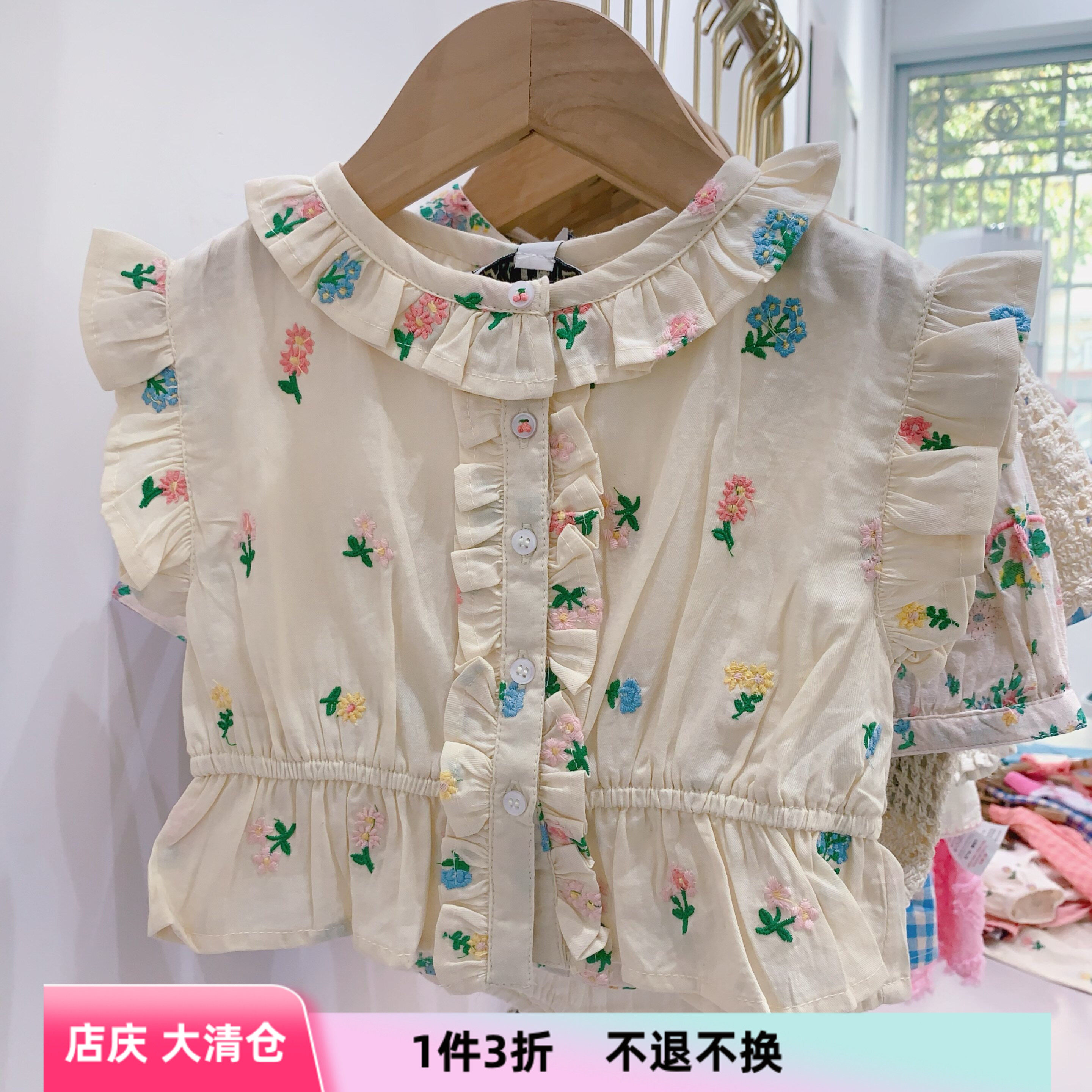 锦小和 emile法国正品女童短袖夏季新款时尚飞袖儿童洋气花朵上衣