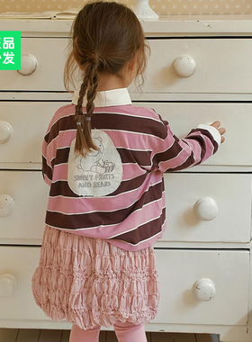 锦小和amber韩国童装儿童条纹t恤宝宝长袖儿童纯棉翻领2025秋上衣