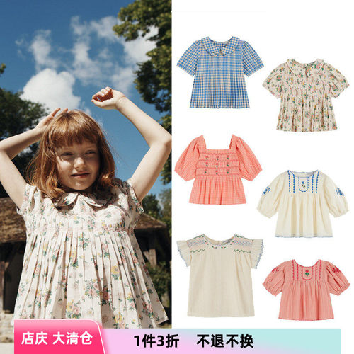 emlie法国女童复古上衣花朵短袖