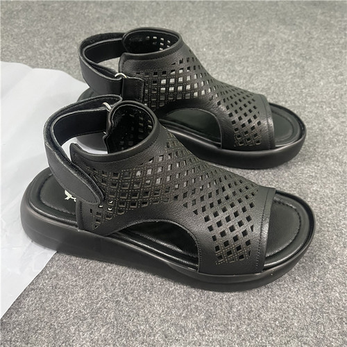 夏季真皮罗马凉鞋女坡跟松糕鞋洞洞鞋休闲高帮镂空鱼嘴真皮女凉鞋