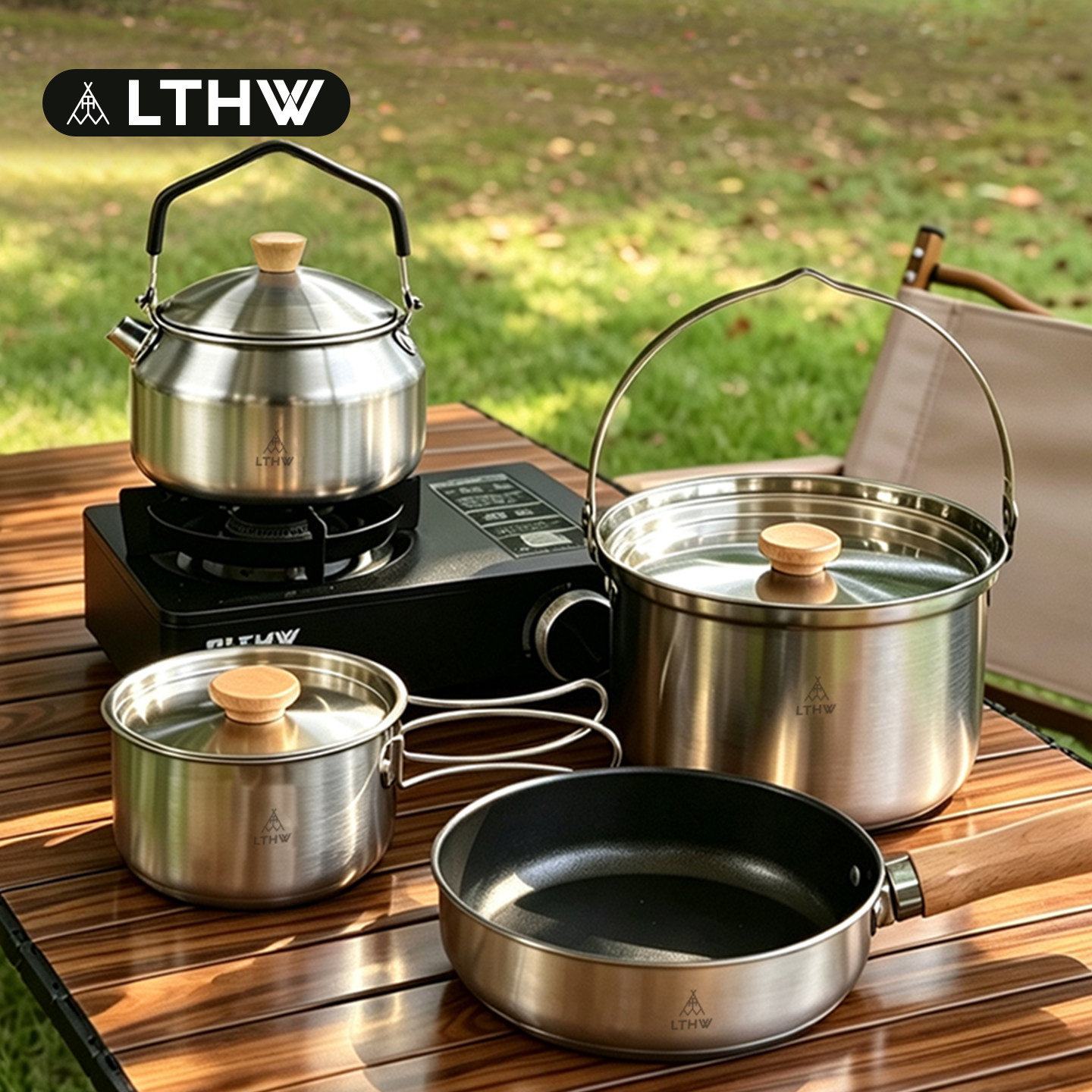 LTHW旅腾便携不锈钢套锅煎炒煮蒸锅具野炊野营露营折叠锅烧水炊具