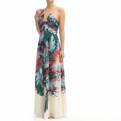 S-M穿 ROBERTO CAVALLI 度假风花卉印花深V飘逸大摆长连衣裙 4530
