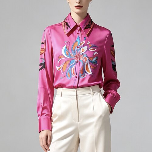 XS-S穿 EMILIO PUCCI 优雅花卉印花真丝翻领女装长袖衬衫 1355