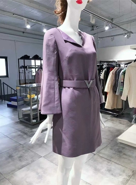XS-S穿 VA GA 紫色通勤风V领女装腰带中长款连衣裙 3355