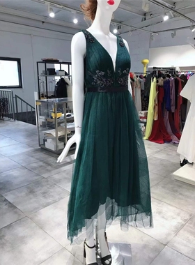 S-M穿 MARCHESA NOTTE 浪漫墨绿网纱洋装连衣裙 1750