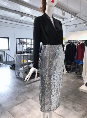 S-M穿 TOPSHOP 银灰色亮片洋装半裙 180