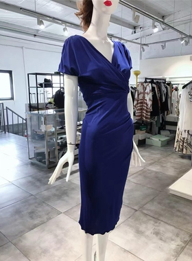 S-M穿 DIANE VON FURSTENBERG 蓝色V领收腰包臀女装连衣裙 855