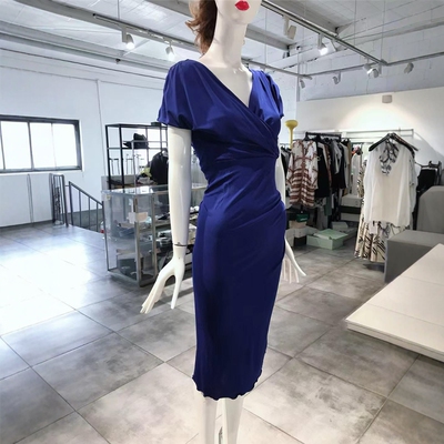 S-M穿 DIANE VON FURSTENBERG 蓝色V领收腰包臀女装连衣裙 855
