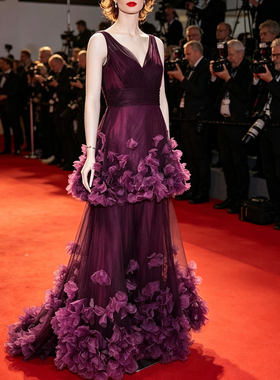 S-M穿 MARCHESA NOTTE 紫色立体花朵洋装连衣裙 1750