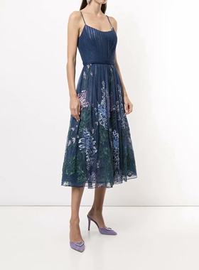 S-M穿 MARCHESA NOTTE 沉静的海蓝色 轻纱吊带连衣裙 1355