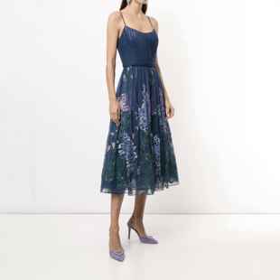S-M穿 MARCHESA NOTTE 沉静的海蓝色 轻纱吊带连衣裙 1355
