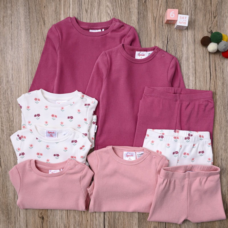 外贸欧美 女宝春秋螺纹棉长袖T恤上衣三角爬哈衣打底裤长裤子套装