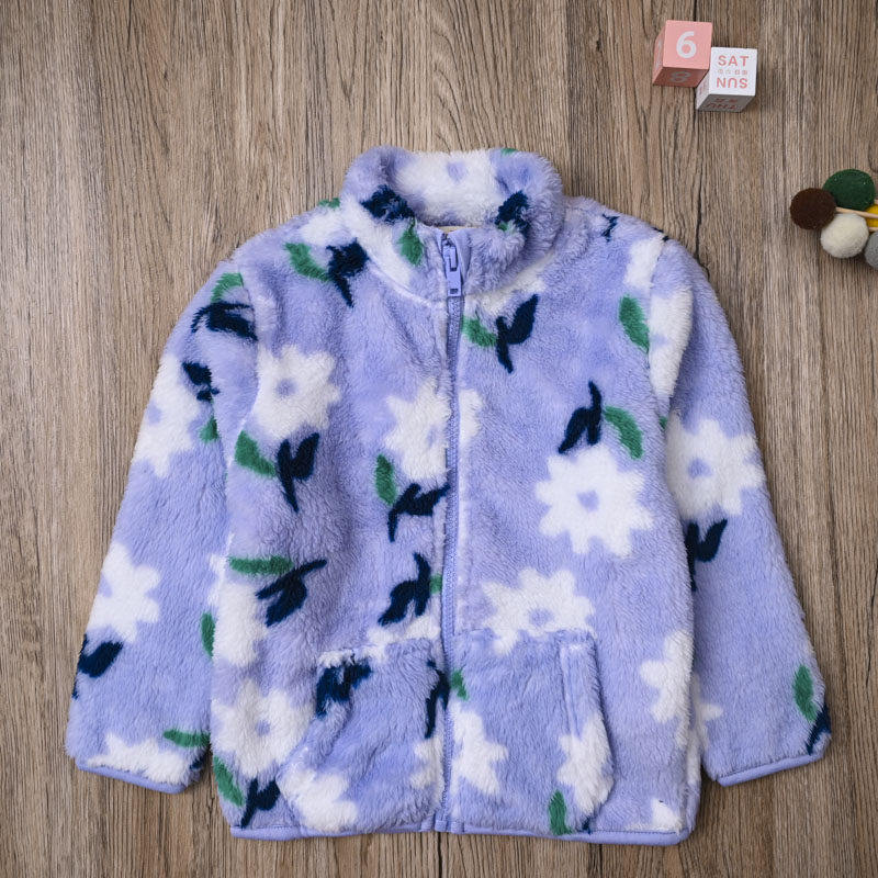 外贸欧美 女宝春秋保暖毛绒外套 女童可爱珊瑚绒衫开衫休闲拉链衫