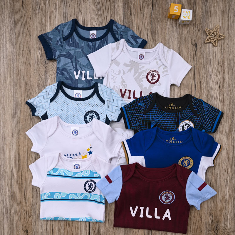 外贸欧美男宝足球服哈衣婴儿夏季纯棉短袖三角爬服包屁衣运动队服