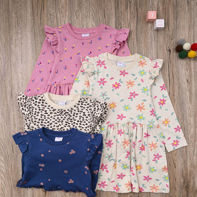 外贸欧美女宝春秋纯棉长袖连衣裙子女童可爱休闲满印圆领公主裙