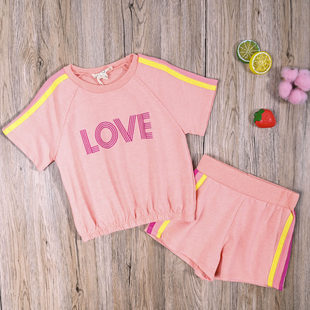 JS外贸欧美女童夏季毛圈圆领短袖上衣休闲裤短裤子中大童两件套装