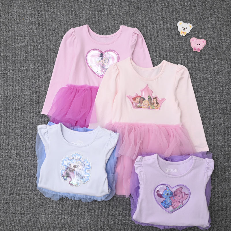 外贸欧美女童甜美长袖柔软连衣裙女宝春秋拼接网纱裙可爱公主裙子