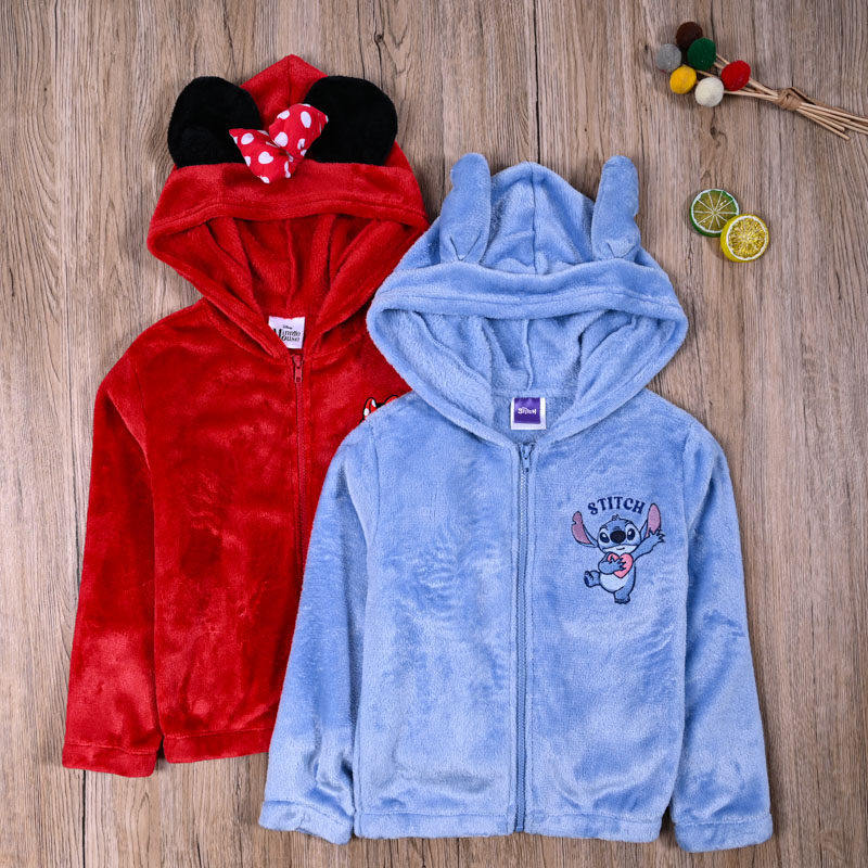 外贸欧美女宝春秋连帽毛绒外套拉链上衣女童可爱珊瑚绒衫保暖开衫