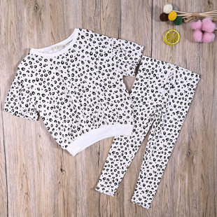 JS外贸欧美女宝夏款毛线圈短袖上衣女童螺纹棉打底长裤子两件套装