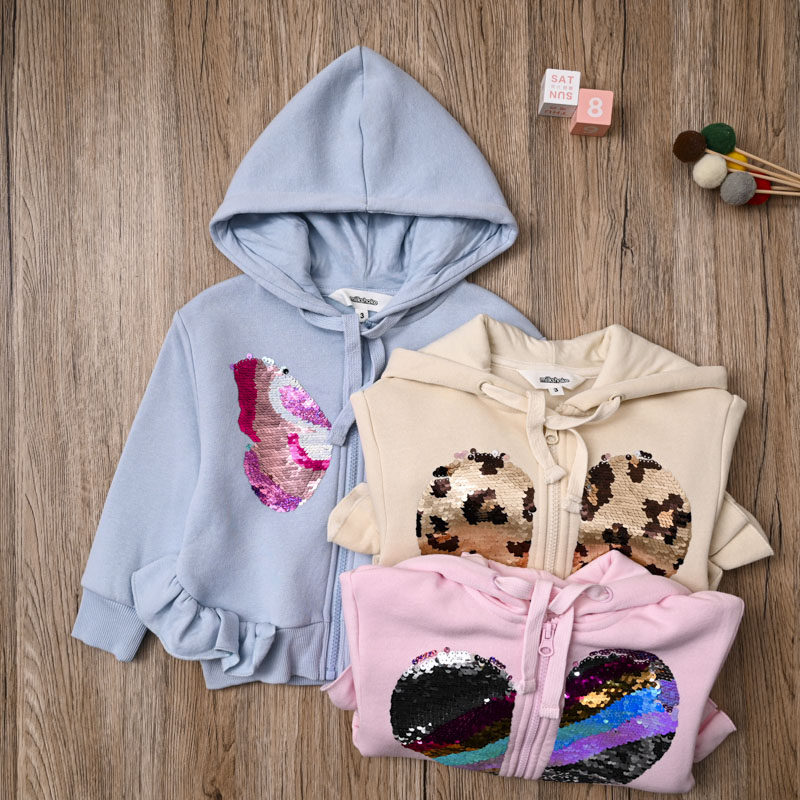 外贸欧美 女宝春秋拉链衫细抓绒衫连帽上衣 女童可爱亮片开衫外套