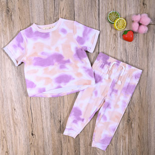 JS外贸欧美女宝夏季毛圈圆领短袖上衣休闲长裤子女童可爱两件套装