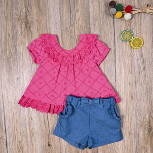 外贸欧美 女宝夏款梭织棉短袖裙式上衣 小童平角裤短裤子两件套装