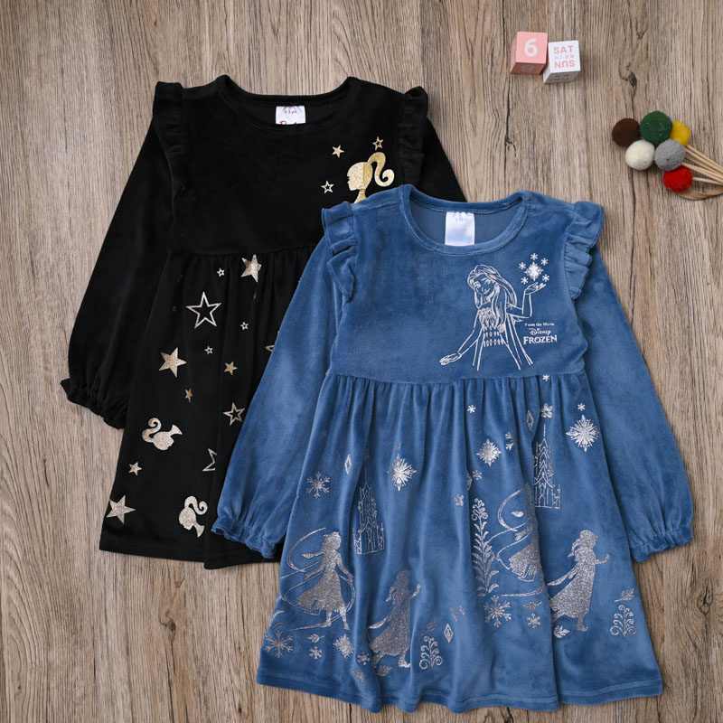 外贸欧美 女宝春秋天鹅绒长袖连衣裙 女童甜美可爱连身裙公主裙子