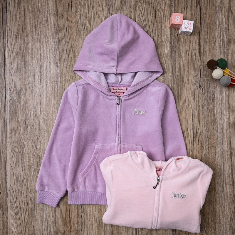 CJ外贸欧美 女宝春秋天鹅绒连帽拉链衫外套开衫 女童休闲甜美上衣