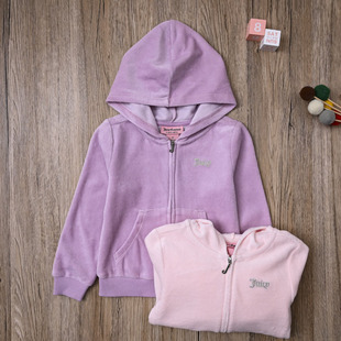 CJ外贸欧美 女宝春秋天鹅绒连帽拉链衫外套开衫 女童休闲甜美上衣