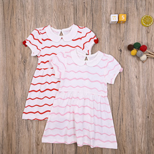 外贸欧美女宝夏款短袖公主裙子女童翻领连衣裙纯棉可爱条纹连身裙