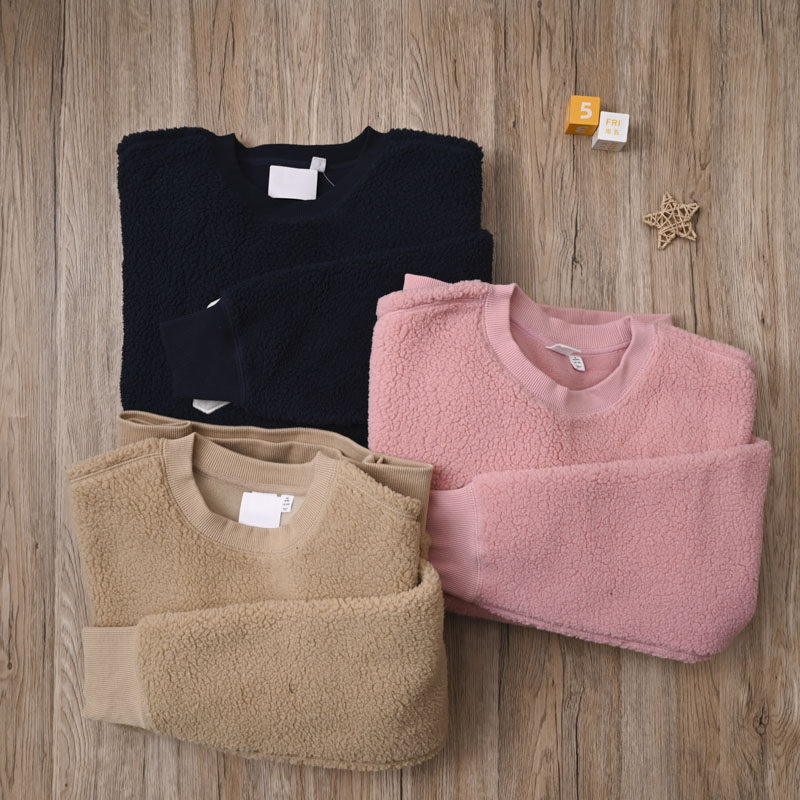 GA外贸男女装秋冬羊羔绒贴布绣抓绒衫大童保暖卫衣套头厚实上衣