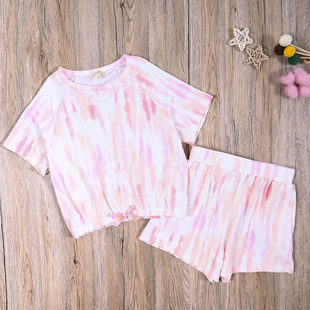 JS外贸欧美女童夏季毛圈圆领短袖上衣休闲裤短裤子中大童两件套装