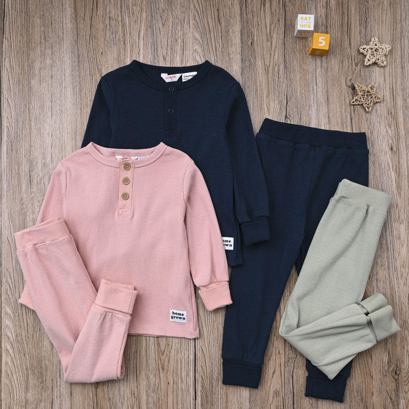 外贸欧美宝宝春秋螺纹棉打底衫长袖T恤上衣PP长裤子家居两件套装