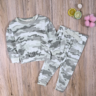 JS外贸欧美女宝春秋螺纹棉长袖上衣休闲长裤子女童可爱两件套装