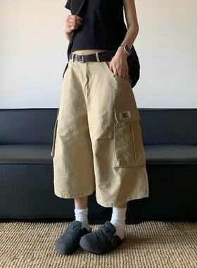 工装通勤中性风七分短裤男阔腿宽松夏季褶皱小口袋男女裤子