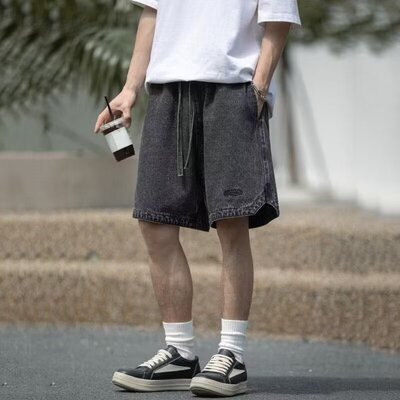 美式复古水洗直筒牛仔短裤男潮牌嘻哈街头宽松阔腿五分裤子