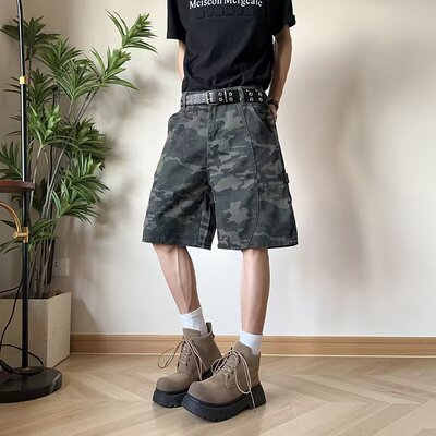 水洗迷彩工装短裤男款夏季美式小众复古宽松解构休闲五分裤