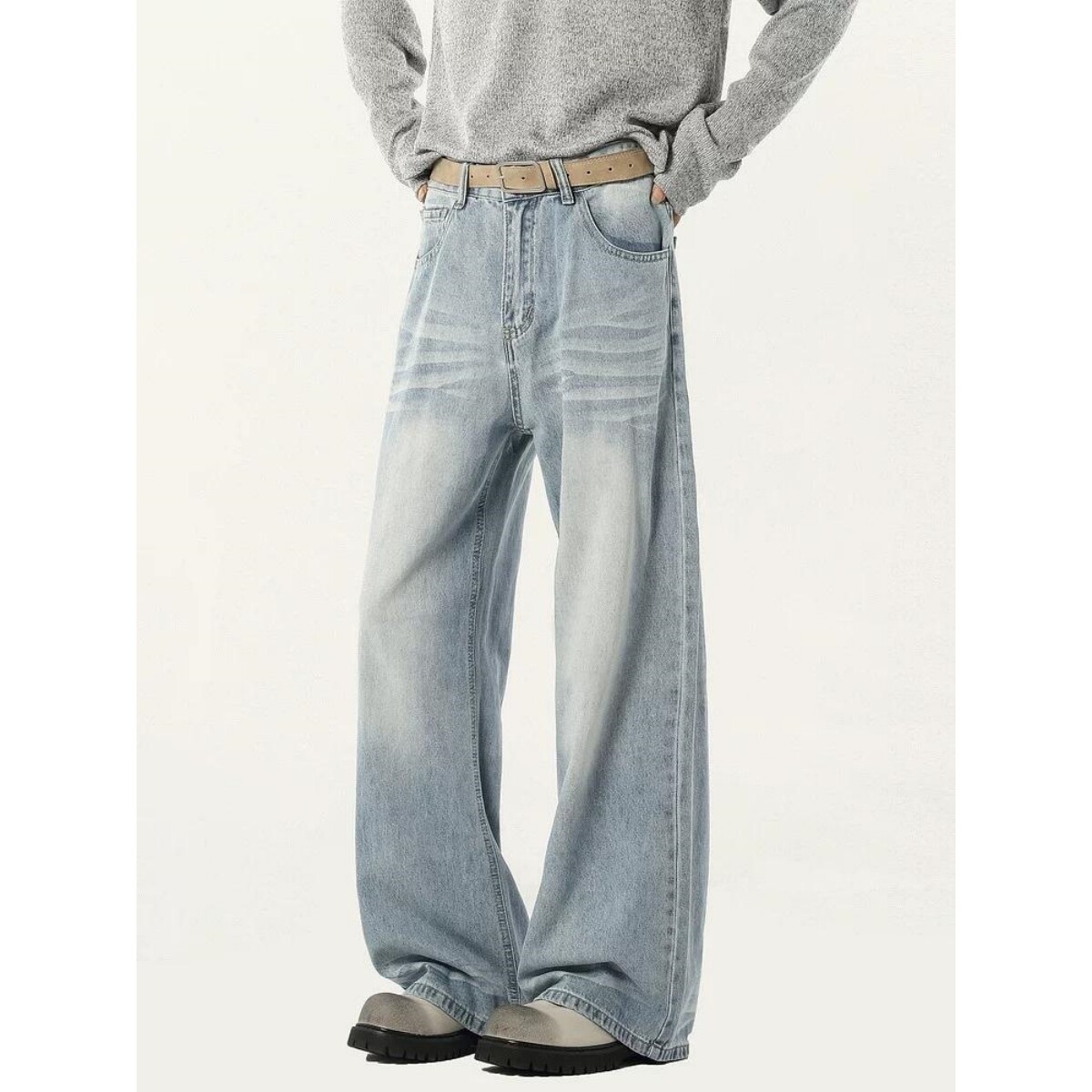 cleanfit街头复古浅色牛仔裤男潮牌宽松休闲直筒拖地裤子立体剪裁