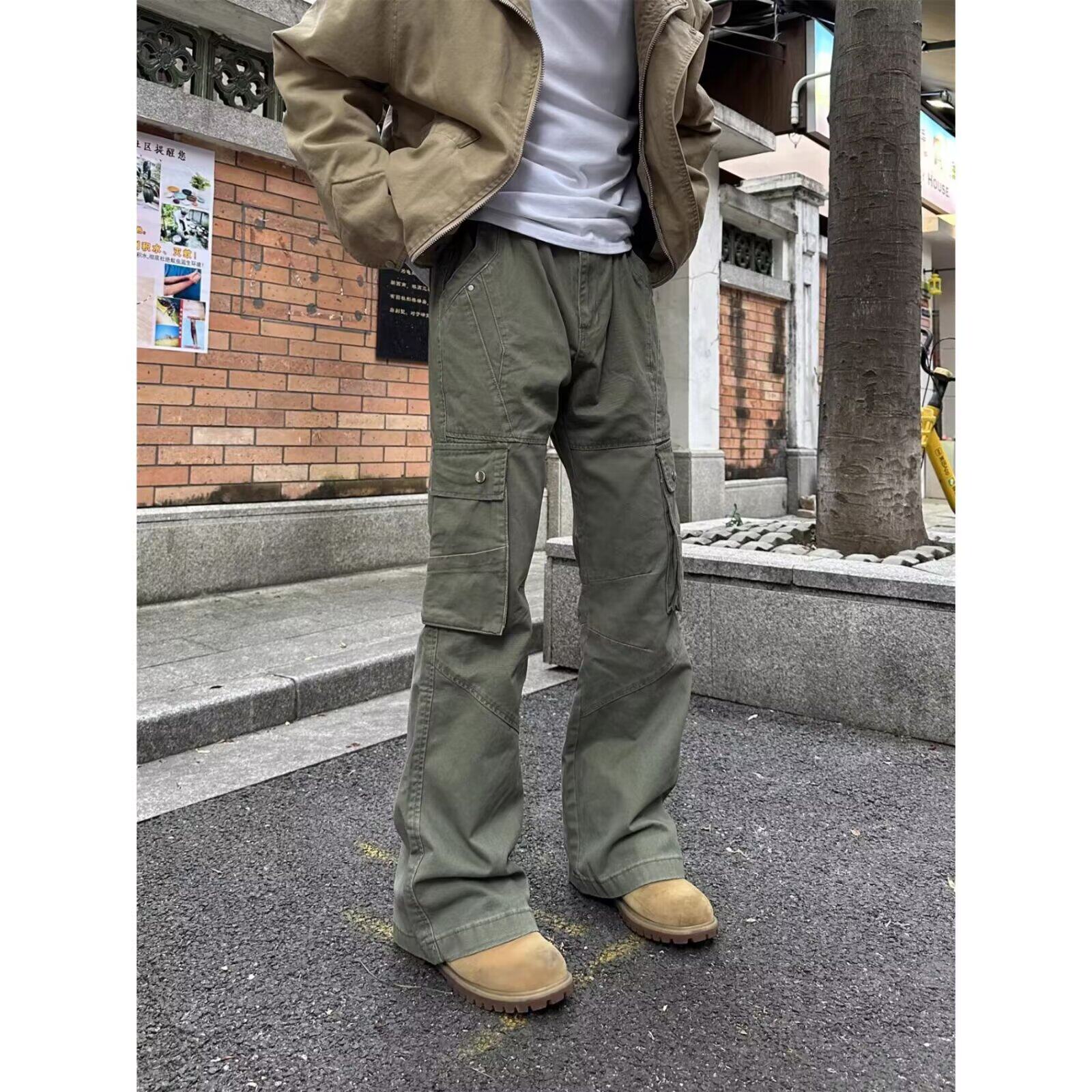 青少年美式复古解构多口袋微喇叭工装裤男女宽松直筒vibe风长裤子