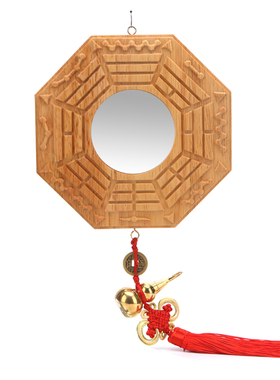 桃木八卦镜凸镜挂件家用镜子大门口凹面乾坤阴阳五帝钱