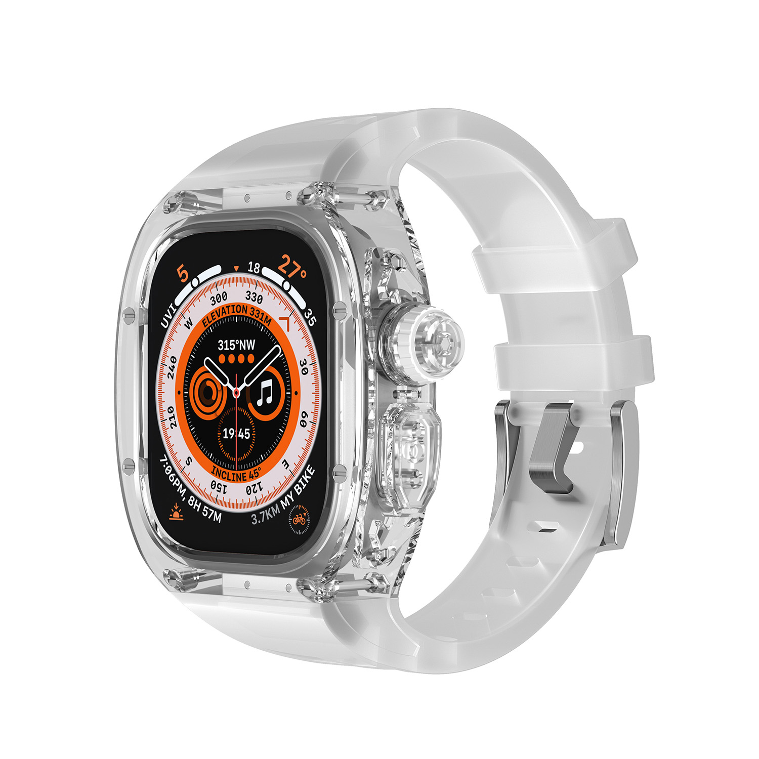 适用ultra 49mm冰川改装氟橡胶透明保护壳套 applewatch Ultra2手表带造潮男女改装高级保护套一体壳白色实色