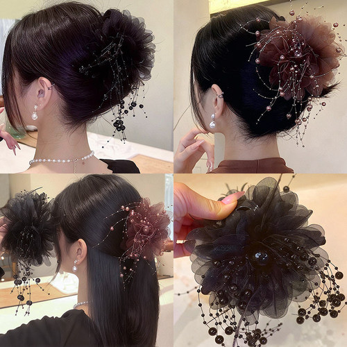 牡丹花羽毛流苏抓夹女2024